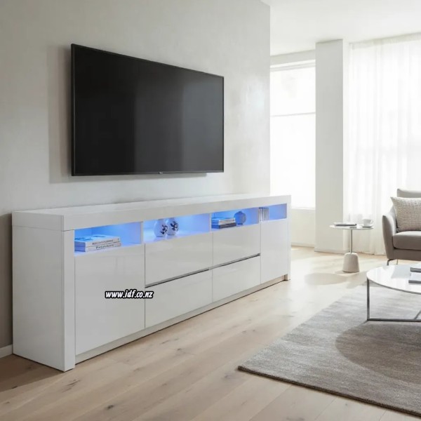 Modern High Gloss White LED TV Stand Cabinet – 160cm / 200cm Entertainment Unit NZ