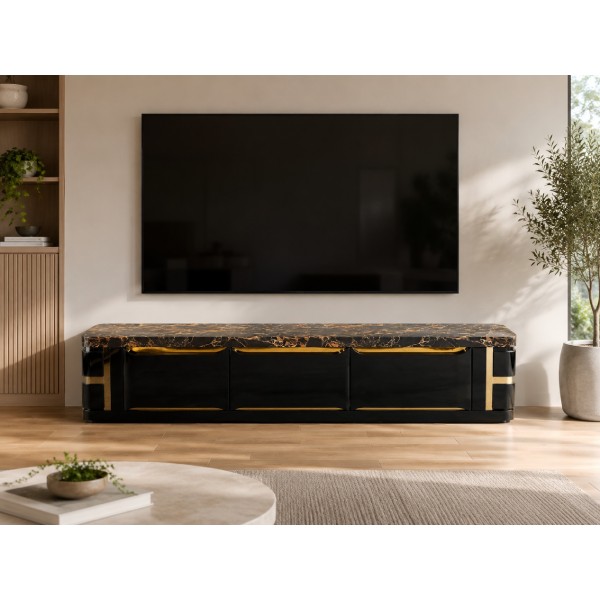 Luxury 200cm Marble Top TV Cabinet – Gloss Black & Gold Luxury 200cm Marble Top TV Cabinet – Gloss Black & Gold