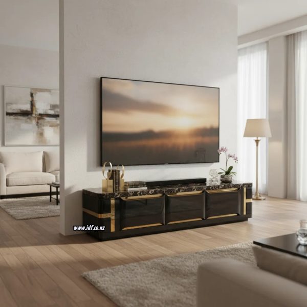 Luxury 200cm Marble Top TV Cabinet – Gloss Black & Gold Luxury 200cm Marble Top TV Cabinet – Gloss Black & Gold