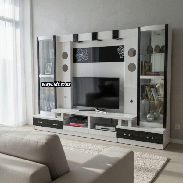 Sleek High-Gloss Black & White Entertainment Wall Unit
