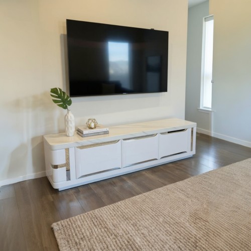 Luxury Marble Top TV Cabinet | Glossy White & Silver 2000mm