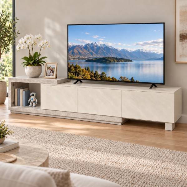 Extendable TV Cabinet – Light Grey Travertine Look | 189–260cm Extendable TV Cabinet – Light Grey Travertine Look | 189–260cm