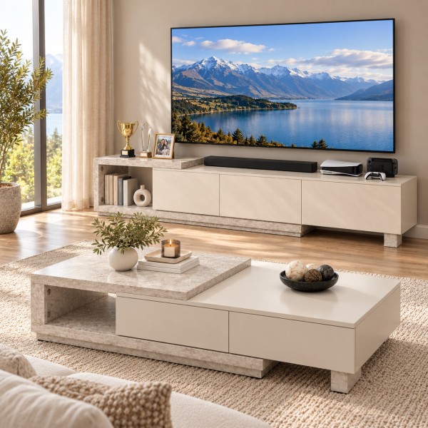 Extendable TV Cabinet – Light Grey Travertine Look | 189–260cm Extendable TV Cabinet – Light Grey Travertine Look | 189–260cm