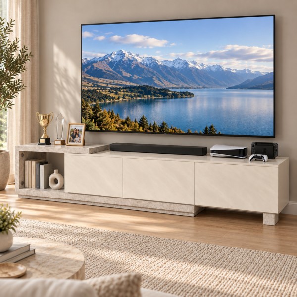Extendable TV Cabinet – Light Grey Travertine Look | 189–260cm Extendable TV Cabinet – Light Grey Travertine Look | 189–260cm