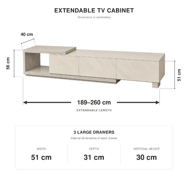 Extendable TV Cabinet – Light Grey Travertine Look | 189–260cm Extendable TV Cabinet – Light Grey Travertine Look | 189–260cm
