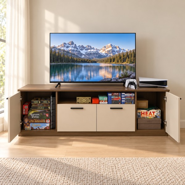 180cm TV Cabinet with Deep Drawers – Light Walnut & Beige