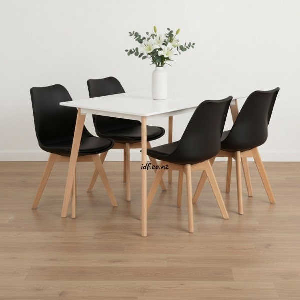 Modern 5 Piece Dining Set – White Table & Black Chairs NZ