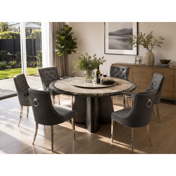 Meridian Grand 135cm Round Marble Dining Table with Lazy Susan – Grey & Black | NZ  
