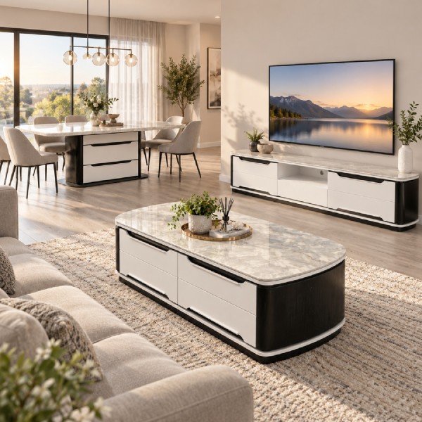 Knoll 3-Piece Marble Top Furniture Set – Dining Table, TV Cabinet & Coffee Table