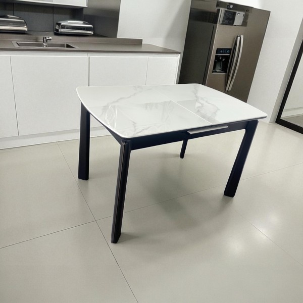 Modern 6-Seater White Marble Extendable Dining Table with Solid Wood Legs