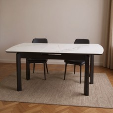 Modern 6-Seater White Marble Extendable Dining Table with Solid Wood Legs