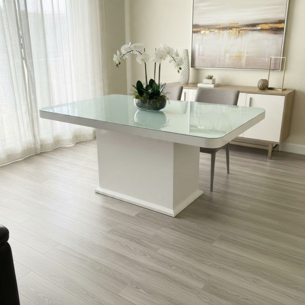 Modern 160cm Gloss White Center Base Dining Table with White Tempered Glass Top (Seats 6)