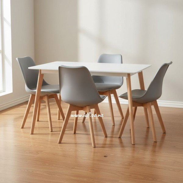 Modern 5-Piece Dining Set – Solid Wood Dining Table & 4 Grey Chairs