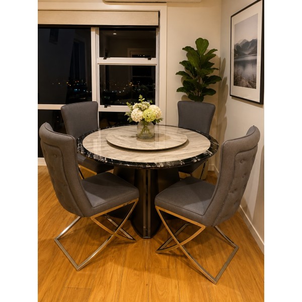 Meridian Grand 135cm Round Marble Dining Table with Lazy Susan – Grey & Black | NZ  