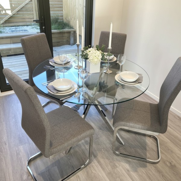 Maestro Round Glass Dining Table 114.5cm – Chrome Star Base | Modern 4-Seater Dining Table NZ