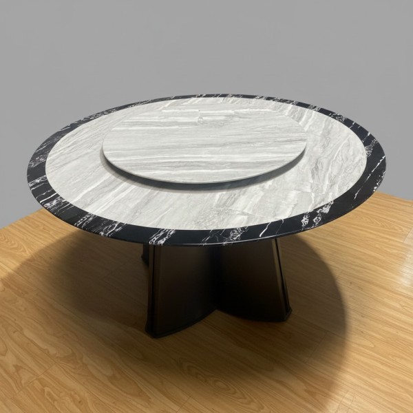 Meridian Grand 135cm Round Marble Dining Table with Lazy Susan – Grey & Black | NZ  