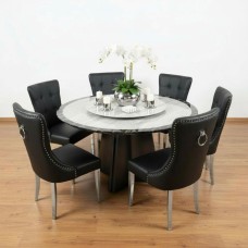 Meridian Grand 135cm Round Marble Dining Table with Lazy Susan – Grey & Black | NZ  