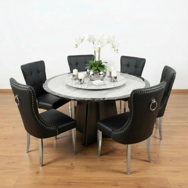 Meridian Grand 135cm Round Marble Dining Table with Lazy Susan – Grey & Black | NZ  