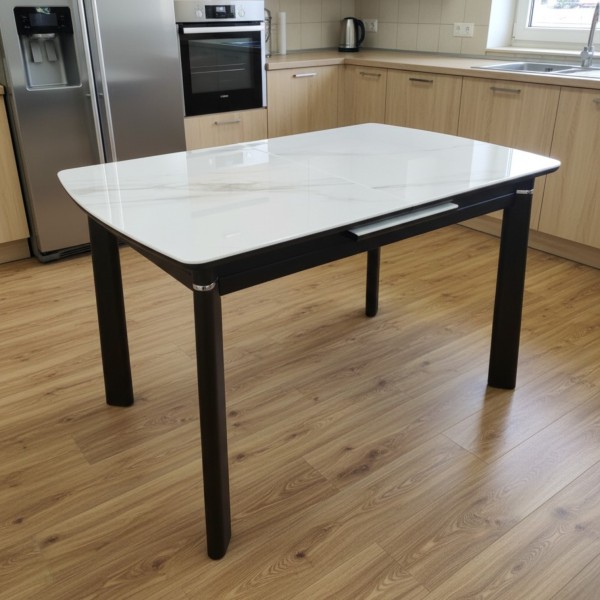 Milan Extendable Dining Table – White Marble Top & Solid Wood Frame (120-150cm)