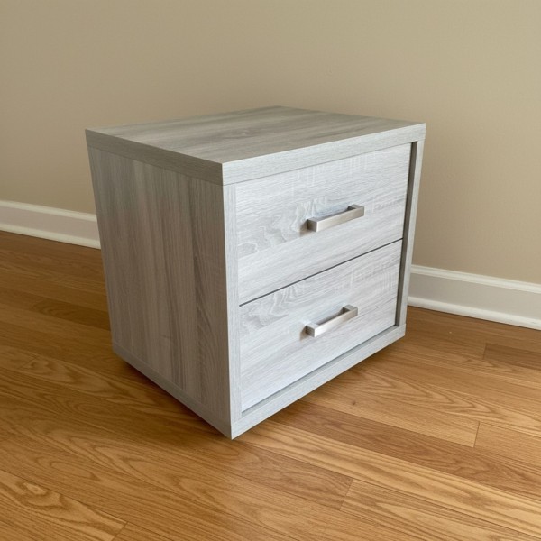 Modern 2-Drawer Bedside Table – Cement Grey Wood Grain Nightstand (55cm)