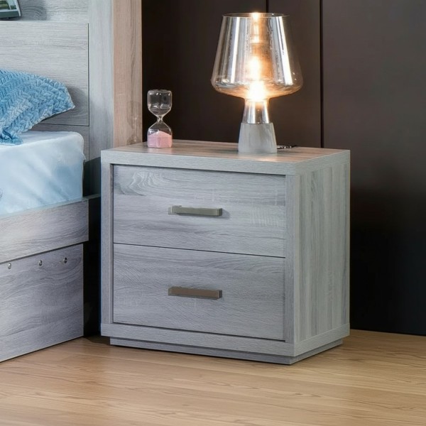 Modern 2-Drawer Bedside Table – Cement Grey Wood Grain Nightstand (55cm)