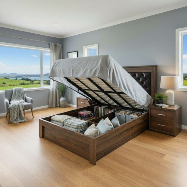 Walnut Queen Wooden Storage Bed Frame with Genuine Leather Headboard, LED & USB Charging NZ Walnut Queen Wooden Storage Bed Frame with Genuine Leather Headboard, LED & USB Charging NZ