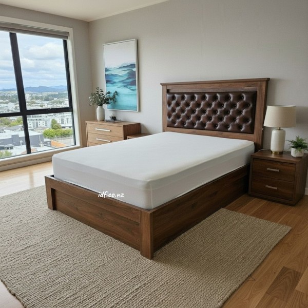 Walnut Queen Wooden Storage Bed Frame with Genuine Leather Headboard, LED & USB Charging NZ Walnut Queen Wooden Storage Bed Frame with Genuine Leather Headboard, LED & USB Charging NZ