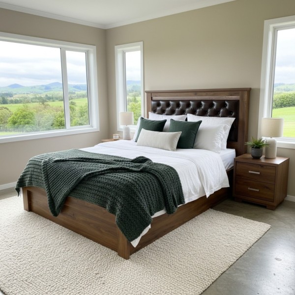 Walnut Queen Wooden Storage Bed Frame with Genuine Leather Headboard, LED & USB Charging NZ