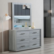 Modern 6-Drawer Dresser with Mirror – Cement Grey Wood Grain