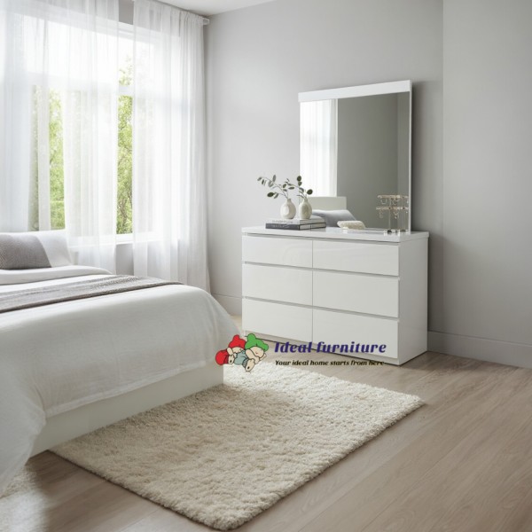 Modern 6-Drawer High-Gloss White Dressing Table with Mirror – NZ Contemporary Series Modern 6-Drawer High-Gloss White Dressing Table with Mirror – NZ Contemporary Series