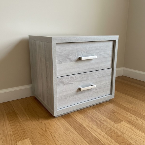 Modern 2-Drawer Bedside Table – Cement Grey Wood Grain Nightstand (55cm) Modern 2-Drawer Bedside Table – Cement Grey Wood Grain Nightstand (55cm)