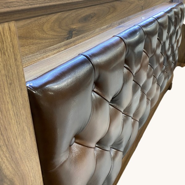 Walnut Queen Wooden Storage Bed Frame with Genuine Leather Headboard, LED & USB Charging NZ