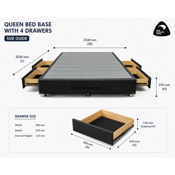 NZ Made Queen Bed Base with 4 Drawers NZ Made Queen Bed Base with 4 Drawers