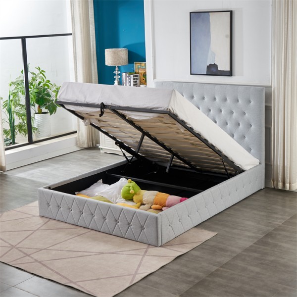 Dawn King Size Storage Bed Frame – Light Grey Fabric Gas Lift Bed NZ