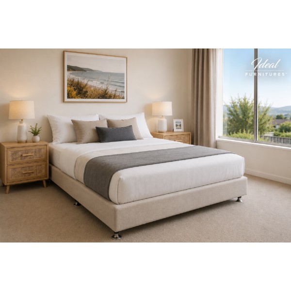 NZ Made Queen Bed Base – Light Beige Fabric NZ Made Queen Bed Base – Light Beige Fabric