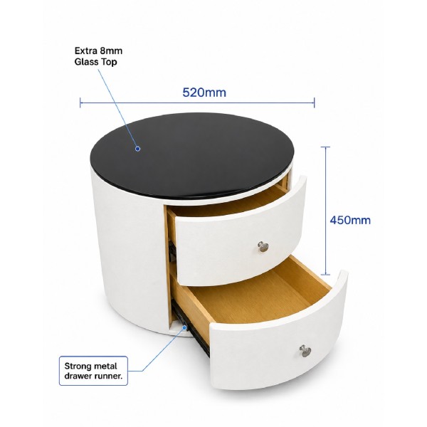 Pair of Round Bedside Tables with 2 Drawers - White PU Leather & 8mm Black Glass Top Pair of Round Bedside Tables with 2 Drawers - White PU Leather & 8mm Black Glass Top