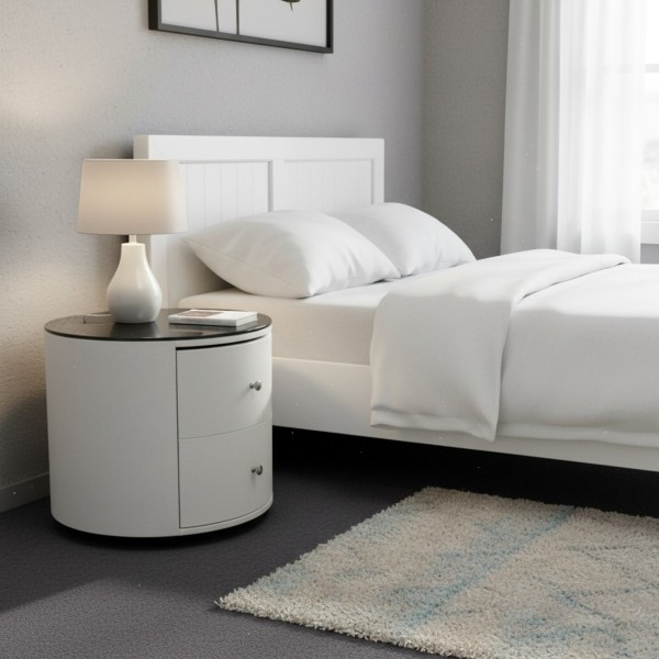 Pair of Round Bedside Tables with 2 Drawers - White PU Leather & 8mm Black Glass Top Pair of Round Bedside Tables with 2 Drawers - White PU Leather & 8mm Black Glass Top