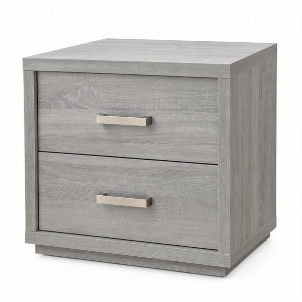 Modern 2-Drawer Bedside Table – Cement Grey Wood Grain Nightstand (55cm)