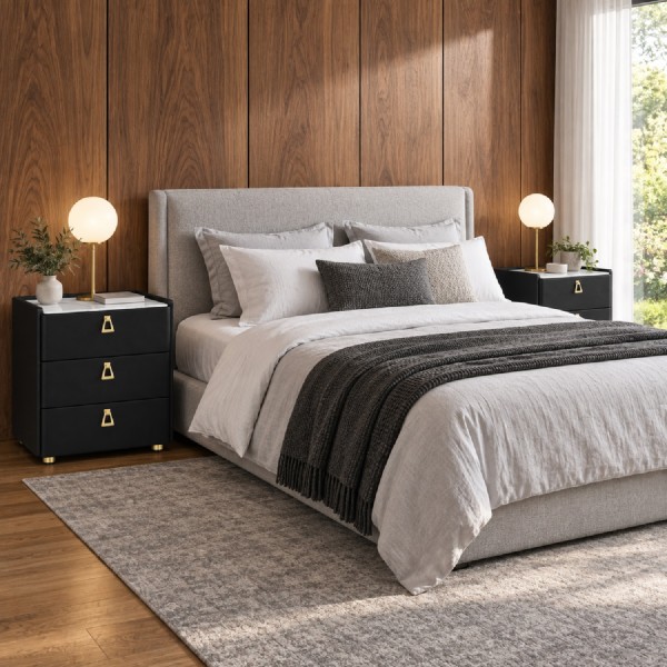 Black 3-Drawer Bedside Cabinets with Sintered Stone Tops – Set of 2