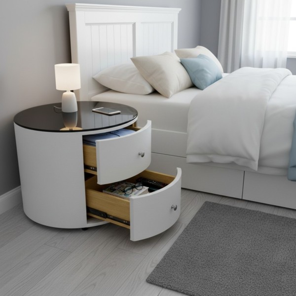 Pair of Round Bedside Tables with 2 Drawers - White PU Leather & 8mm Black Glass Top Pair of Round Bedside Tables with 2 Drawers - White PU Leather & 8mm Black Glass Top