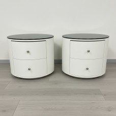 Pair of Round Bedside Tables with 2 Drawers - White PU Leather & 8mm Black Glass Top