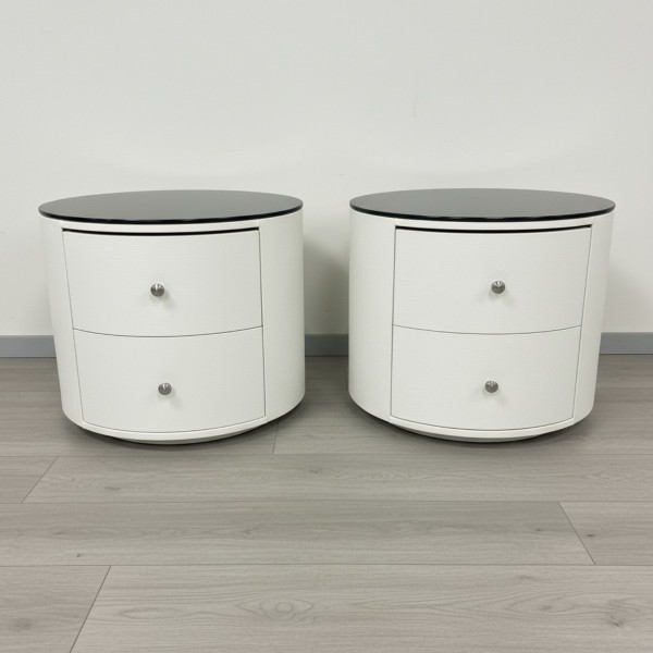 Pair of Round Bedside Tables with 2 Drawers - White PU Leather & 8mm Black Glass Top