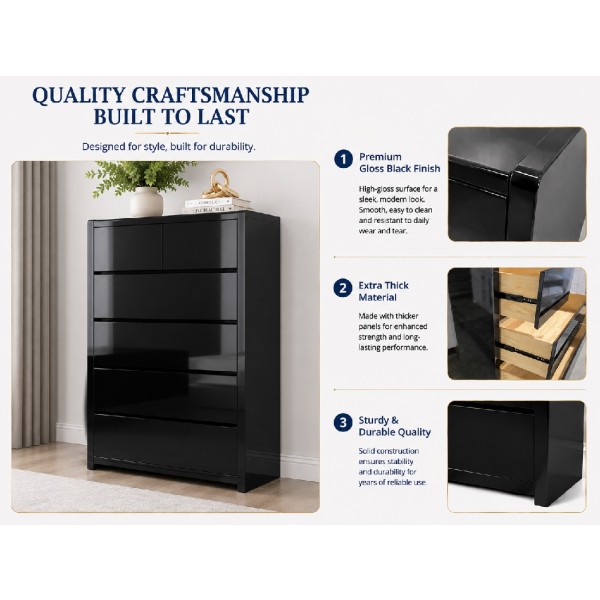 Gloss Black Tallboy Drawers – Premium 6 Drawer Bedroom Storage Chest with Solid Timber Drawers | NZ