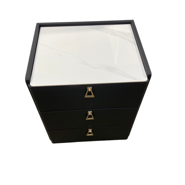 Black 3-Drawer Bedside Cabinets with Sintered Stone Tops – Set of 2