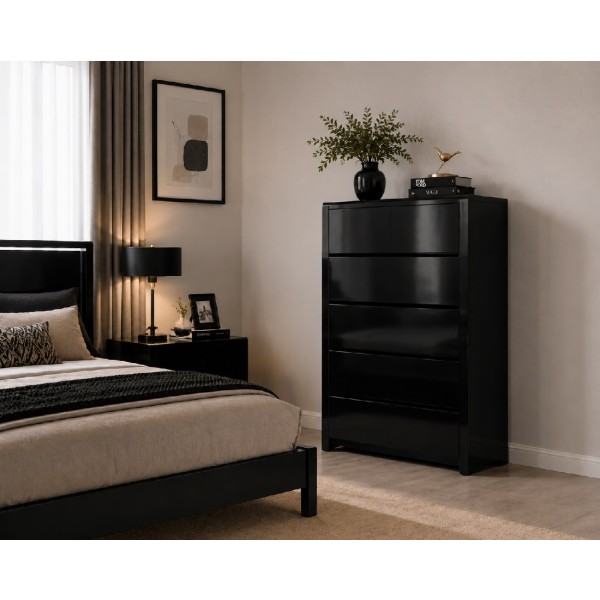 Gloss Black Tallboy Drawers – Premium 6 Drawer Bedroom Storage Chest with Solid Timber Drawers | NZ