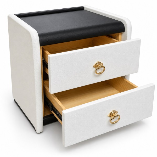 2 Drawer PU Leather Bedside Table – White & Black, 48cm 2 Drawer PU Leather Bedside Table – White & Black, 48cm