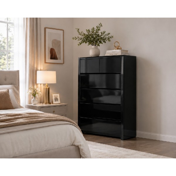 Gloss Black Tallboy Drawers – Premium 6 Drawer Bedroom Storage Chest with Solid Timber Drawers | NZ