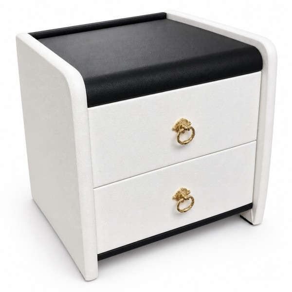 2 Drawer PU Leather Bedside Table – White & Black, 48cm