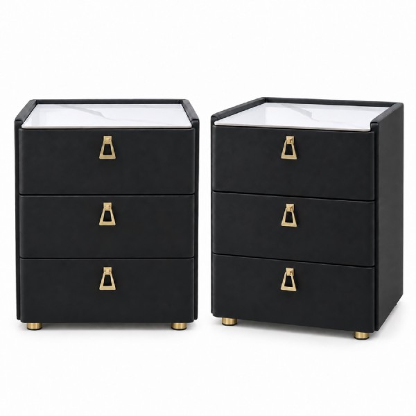 Black 3-Drawer Bedside Cabinets with Sintered Stone Tops – Set of 2