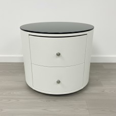 Round Bedside Table with 2 Drawers - White PU Leather & 8mm Black Glass Top
